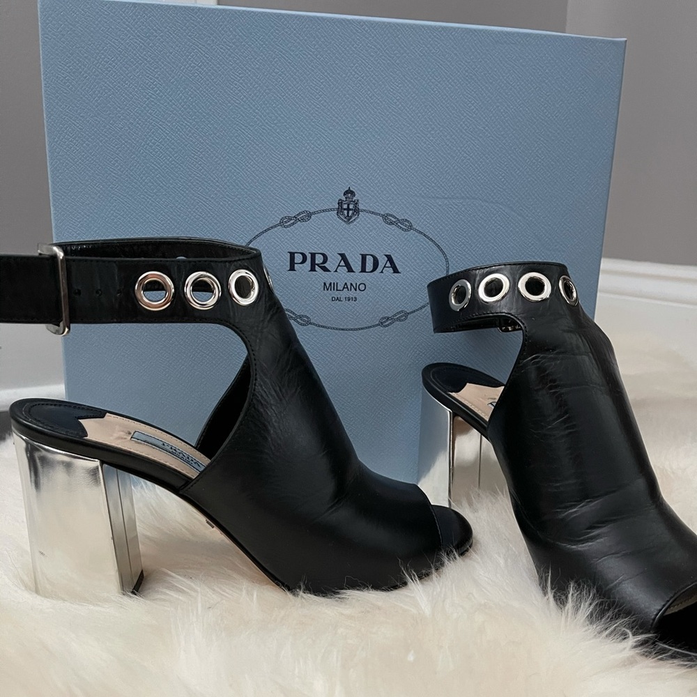 Prada Open Toe Metallic Rivet Block Heel Sandals 6 - image 1